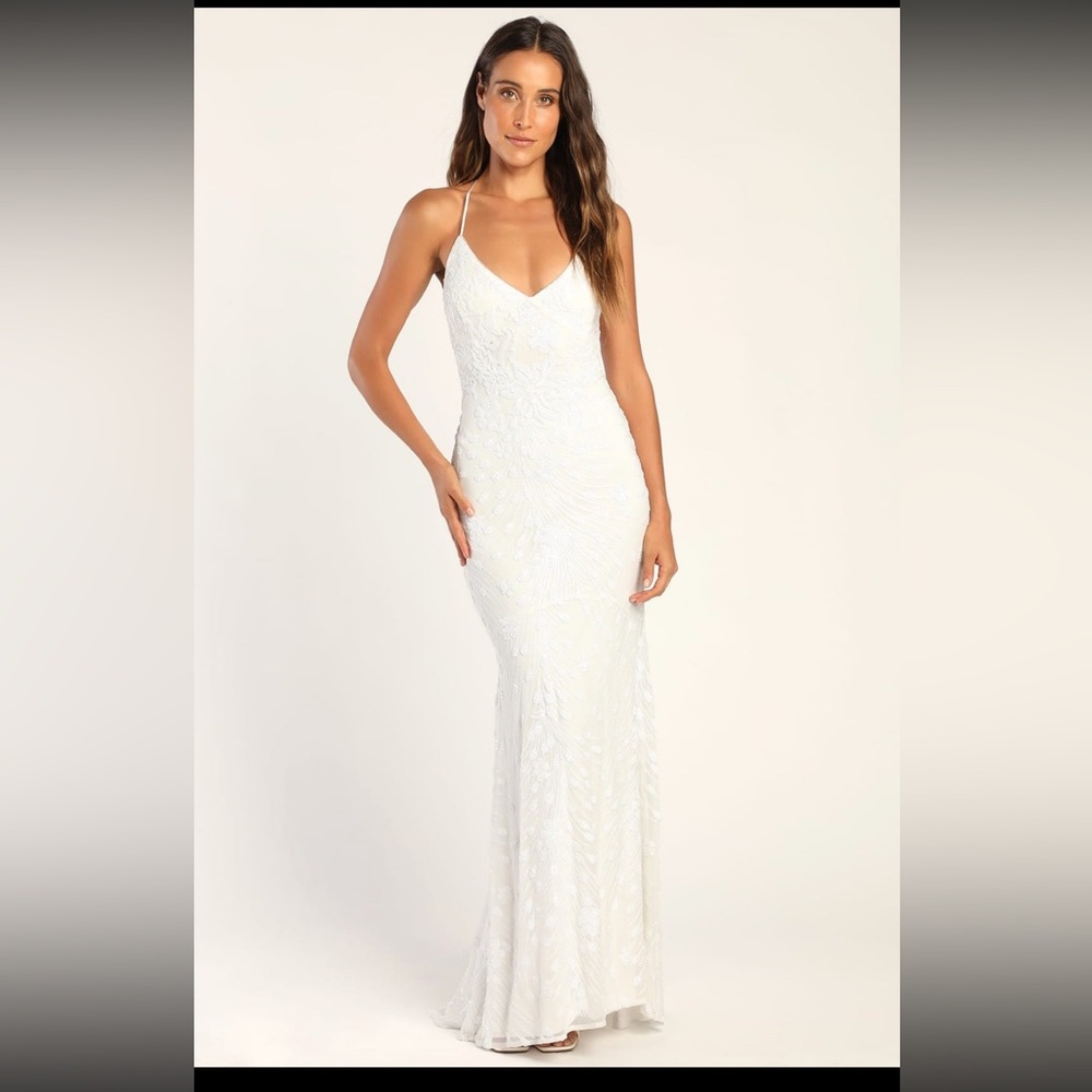 Photo Finish White Sequin Lace-Up Maxi Dress